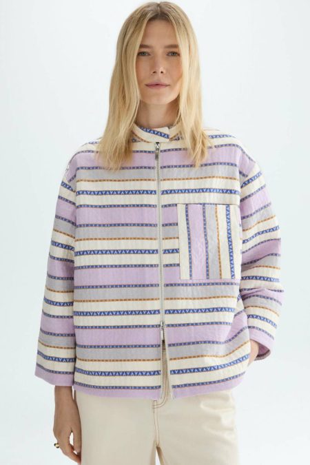 Lilac/Multicolour Jackets Purificacion Garci Women Striped Cotton A-Line Short Jacket