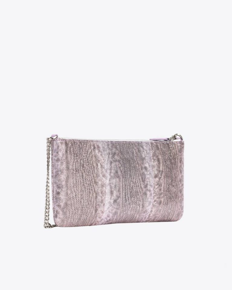 Lilac-Old Silver Pinko Galleria Horizontal Flat Crossbody Bag In Glittery Reptile Leather Leather Goods - Image 2