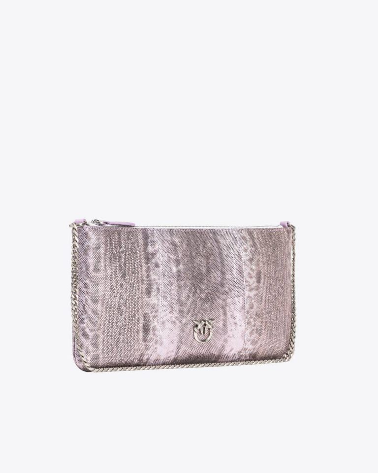 Lilac-Old Silver Pinko Galleria Horizontal Flat Crossbody Bag In Glittery Reptile Leather Leather Goods - Image 3