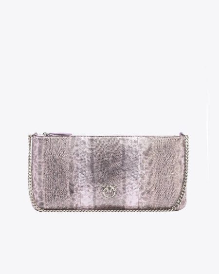 Lilac-Old Silver Pinko Galleria Horizontal Flat Crossbody Bag In Glittery Reptile Leather Leather Goods