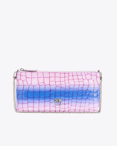 Lilac/Purple-Old Silver Pinko Galleria Horizontal Flat Bag In Shiny Fade-Effect Croc-Print Leather Leather Goods