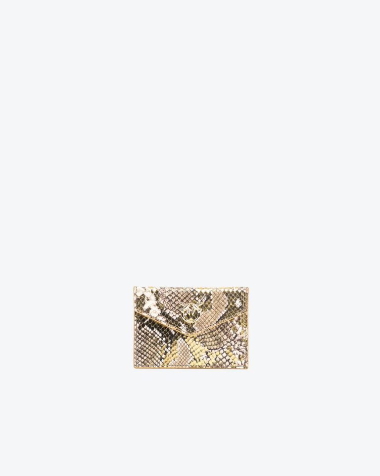 Limited Edition Gold/Grey-Gold Pinko Galleria Flat Card Holder In Laminated Reptile Skin