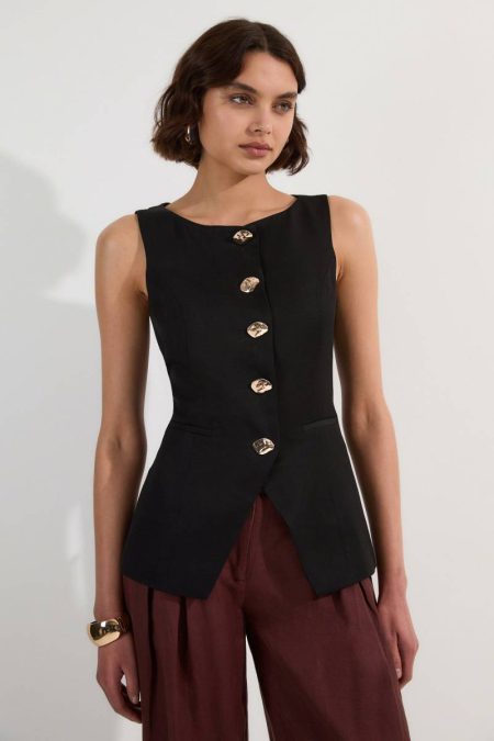 Linen Viscose Tailored Statement Button Front Vest Women Tailoring Karen Millen Ivory