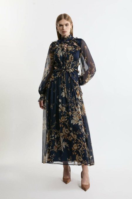 Lydia Millen Petite Floral Ruffle Chiffon Maxi Dress Floral Tailoring Women Karen Millen