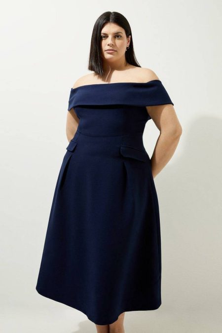 Lydia Millen Plus Size Compact Stretch Off The Shoulder Full Skirt Tailored Midi Dress Karen Millen Women Tailoring