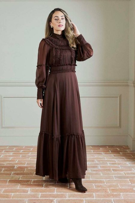 Maxi Dresses Choc Brown Karen Millen Women Lydia Millen Pleat Crinkle High Neck Drama Sleeve Woven Midaxi Dress