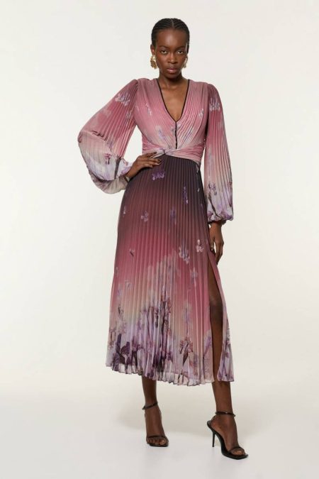 Maxi Dresses Floral Women Crinkle Pleat Border Floral Balloon Sleeve Woven Midi Dress Karen Millen