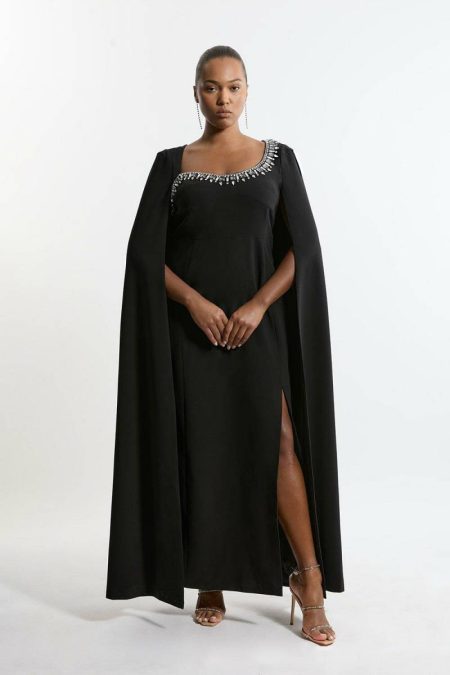 Maxi Dresses Karen Millen Blue Women Plus Size Crystal Embellished Viscose Crepe Woven Cape Maxi Dress
