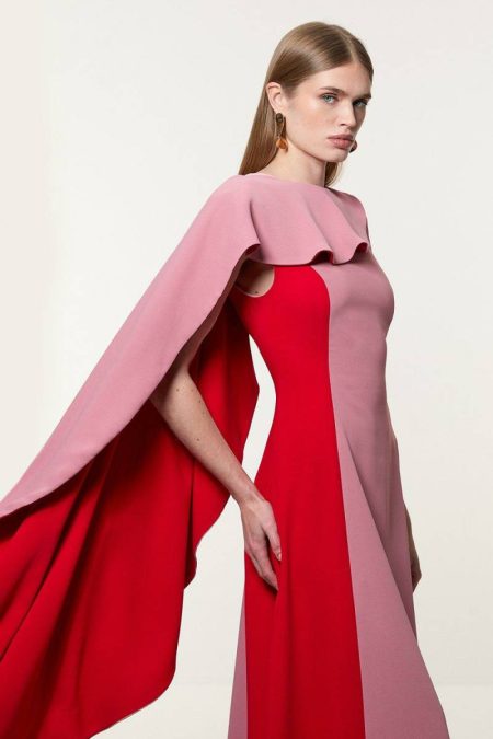 Maxi Dresses Karen Millen Blush Soft Tailored Color Block Cape Detail Full Skirted Maxi Dress Women