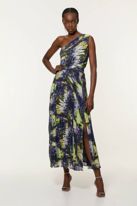 Maxi Dresses Karen Millen Crinkle Feather Print Woven One Shoulder Maxi Dress Multi Women