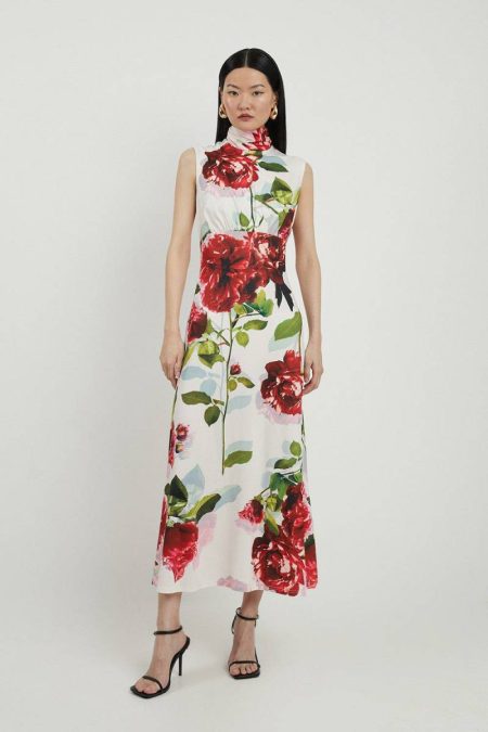 Maxi Dresses Karen Millen Floral Women Rose Print High Neck Drapey Crepe Jersey Maxi Dress