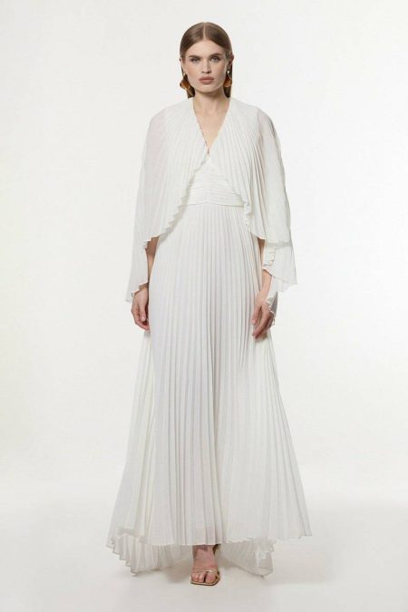 Maxi Dresses Karen Millen Ivory Women Petite Pleated Cape Sleeve Plunge Neck Maxi Dress