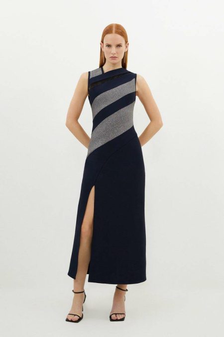 Maxi Dresses Karen Millen Navy Figure Form Bandage Lace Detail Sleeveless Knit Maxi Dress Women