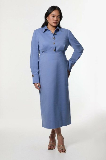 Maxi Dresses Karen Millen Women Blue Plus Size Techno Cotton Woven Maxi Dress With Clasp