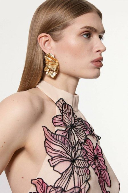 Maxi Dresses Karen Millen Women Floral Applique Organdie Woven Halter Neck Maxi Dress Blush