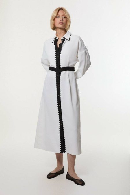 Maxi Dresses Karen Millen Women Scallop Trim Woven Crepe Shirt Dress Mono
