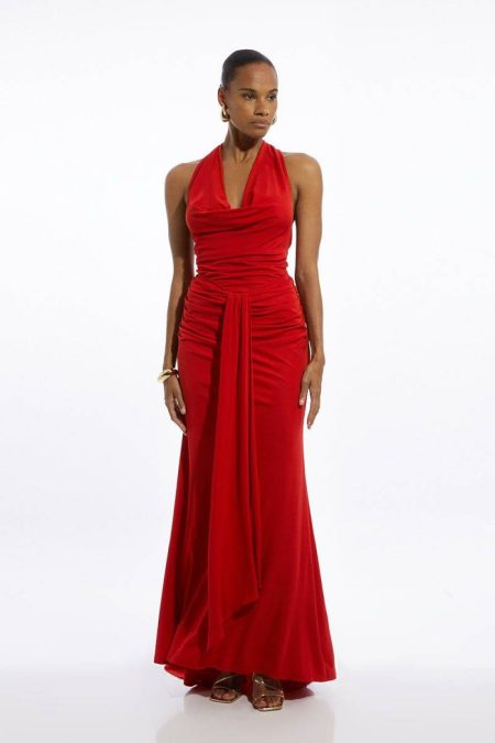 Maxi Dresses Karen Millen Women Stone Petite Premium Viscose Jersey Crepe Cowl Neck Maxi Dress