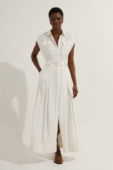 Maxi Dresses Karen Millen Women White Petite Premium Viscose Linen Woven Sleeveless Shirt Dress With Belt