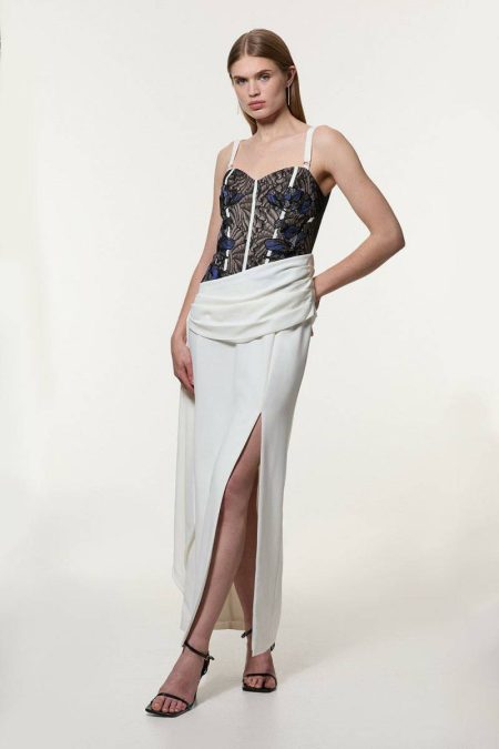 Maxi Dresses Lace Applique Contrast Corseted Tailored Maxi Dress Karen Millen Women Mono