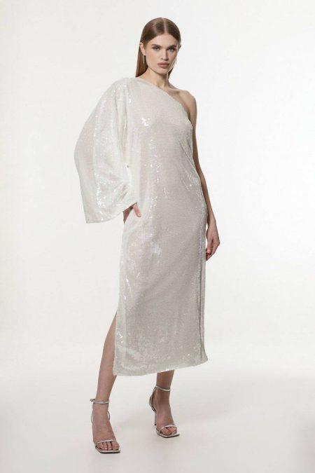 Maxi Dresses Liquid Shine One Shoulder Woven Sequin Dress White Women Karen Millen