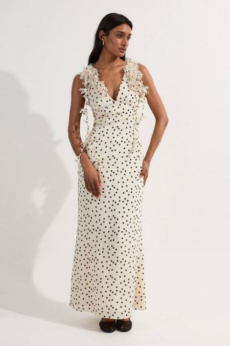 Maxi Dresses Mono Karen Millen Women Applique Spot Printed Halter Neck Woven Maxi Dress