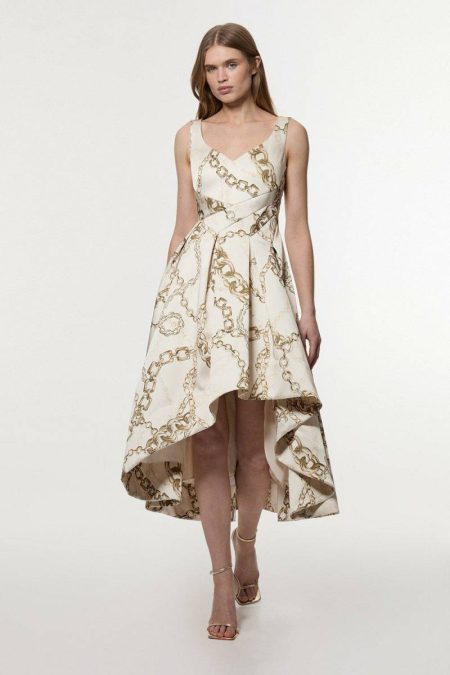 Maxi Dresses Multi Women Karen Millen Structured Viscose Satin Chain Print Tailored Prom Maxi Dress