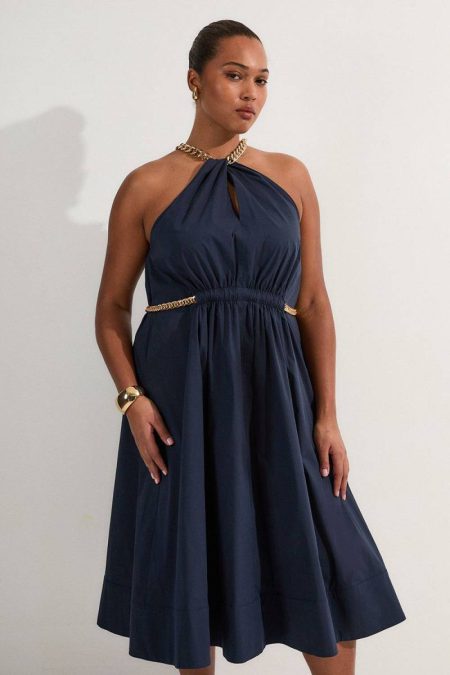 Maxi Dresses Navy Plus Size Cotton Poplin Chain Halter Woven Maxi Dress Women Karen Millen