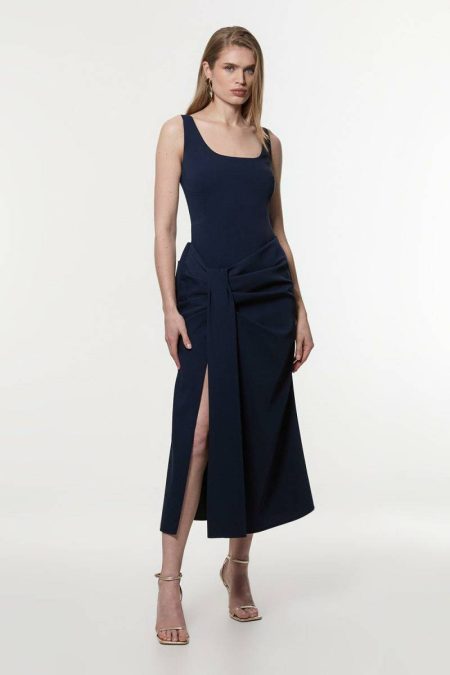 Maxi Dresses Navy Women Karen Millen Petite Soft Tailored Waist Drape Corset Maxi Dress