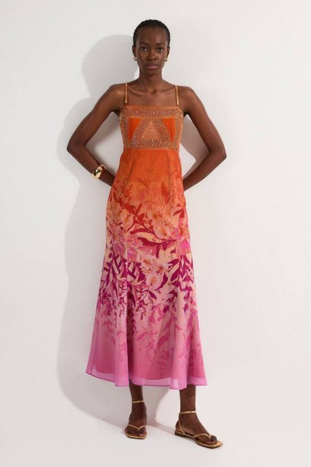 Maxi Dresses Orange Women Embellished Ombre Floral Pleated Woven Bandeau Maxi Dress Karen Millen