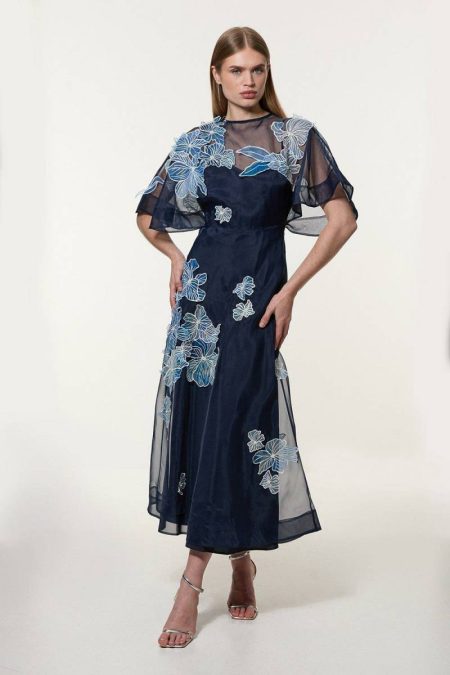 Maxi Dresses Petite Floral Applique Organdie Woven Maxi Dress Women Navy Karen Millen