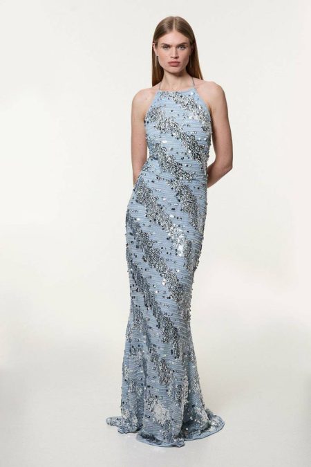 Maxi Dresses Petite Placed Sequin Fishtail Maxi Blue Karen Millen Women