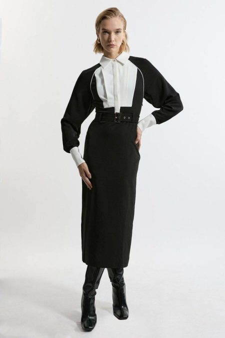 Maxi Dresses Petite Twill Contrast Collar Woven Midi Dress Women Mono Karen Millen