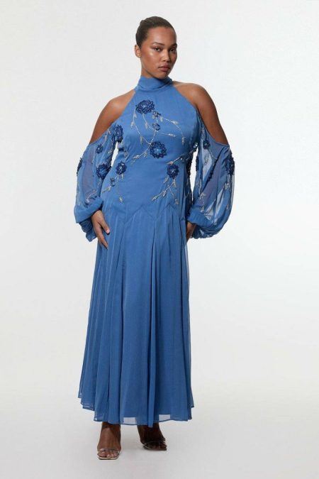 Maxi Dresses Plus Size Cold Shoulder 3D Floral Applique Woven Maxi Dress Women Karen Millen Blue