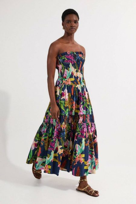 Maxi Dresses Shirred Cotton Tiered Floral Print Bandeau Woven Maxi Dress Floral Women Karen Millen