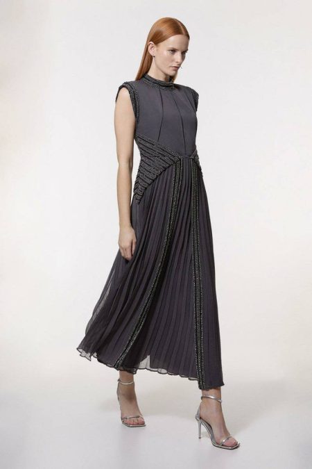 Maxi Dresses Tall Embellished Beaded Woven Maxi Dress Women Karen Millen Gun Metal