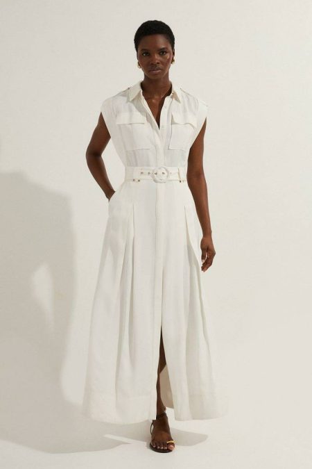 Maxi Dresses White Karen Millen Premium Viscose Linen Woven Sleeveless Shirt Dress With Belt Women