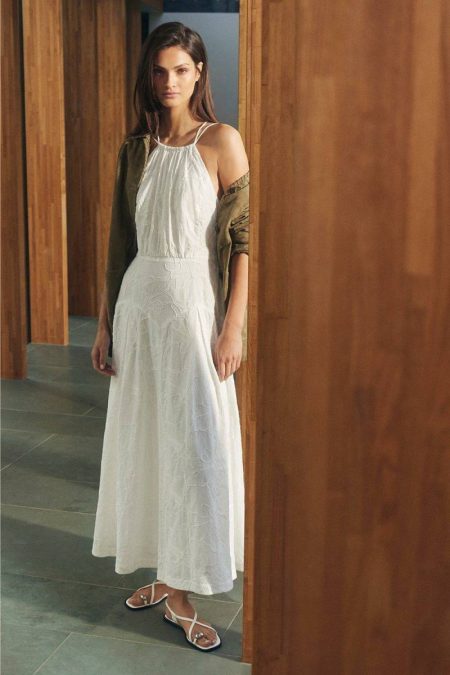 Maxi Dresses White Karen Millen Women Cotton Eyelet Strappy Halter Neck Woven Maxi Dress