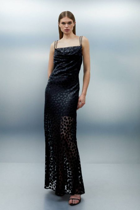 Maxi Dresses Women Black Polka Dot Devore Strappy Woven Maxi Dress Karen Millen