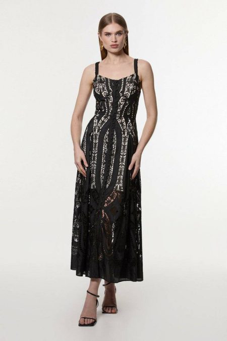 Maxi Dresses Women Black Sheer Georgette Cutwork Strappy Woven Maxi Dress Karen Millen