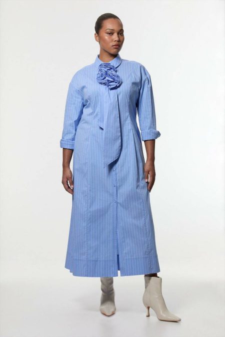 Maxi Dresses Women Blue Karen Millen Plus Size Stripe Cotton Rosette Woven Shirt Maxi Dress