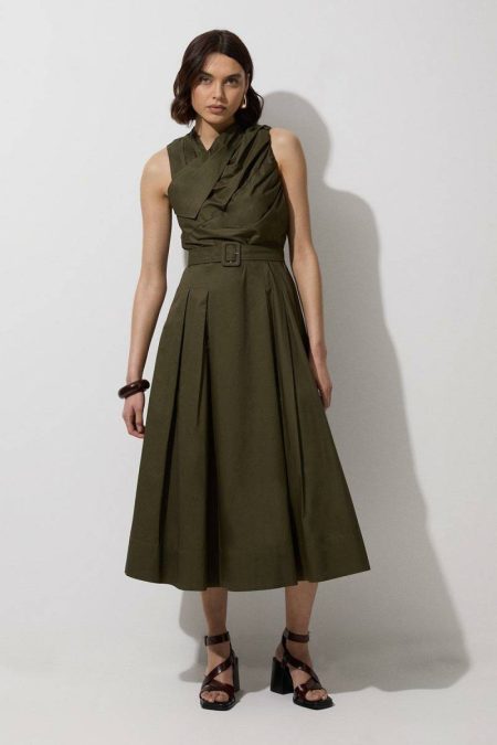 Maxi Dresses Women Cotton Sateen Asymmetric Belted Woven Midi Dress Karen Millen Khaki