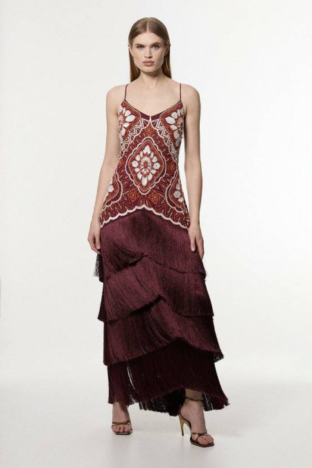 Maxi Dresses Women Embellished Fringe Strappy Woven Maxi Dress Burnt Orange Karen Millen