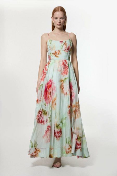 Maxi Dresses Women Floral Silk Cotton Mirrored Floral Strappy Woven Maxi Dress Karen Millen
