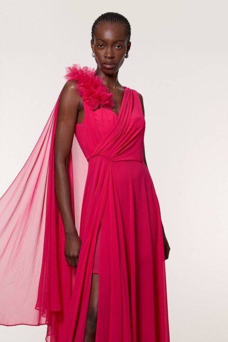 Maxi Dresses Women Georgette Pleated Bustier Cape Back Woven Maxi Dress Karen Millen Fuchsia