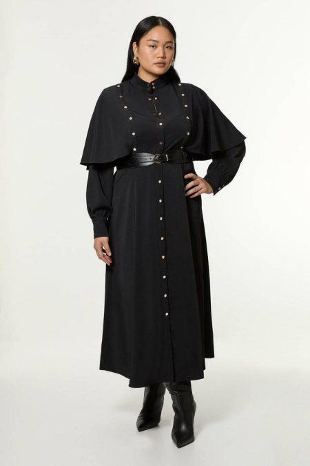 Maxi Dresses Women Karen Millen Black Plus Size Studded Crepe Cape Sleeve Woven Maxi Dress