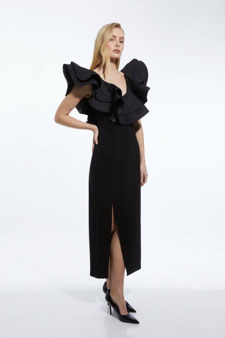 Maxi Dresses Women Karen Millen Black Ruffle Ponte And Cotton Mix Jersey Side Split Midi Dress