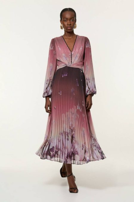 Maxi Dresses Women Karen Millen Floral Petite Crinkle Pleat Border Floral Balloon Sleeve Woven Maxi Dress