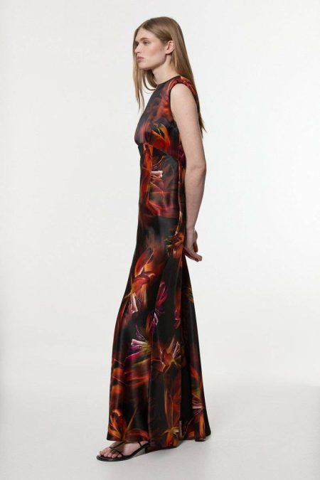 Maxi Dresses Women Karen Millen Floral Satin Strong Shoulder Woven Maxi Dress