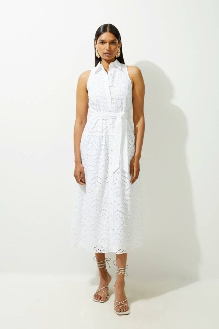 Maxi Dresses Women Karen Millen Ivory Petite Cotton Eyelet Belted Woven Maxi Shirt Dress