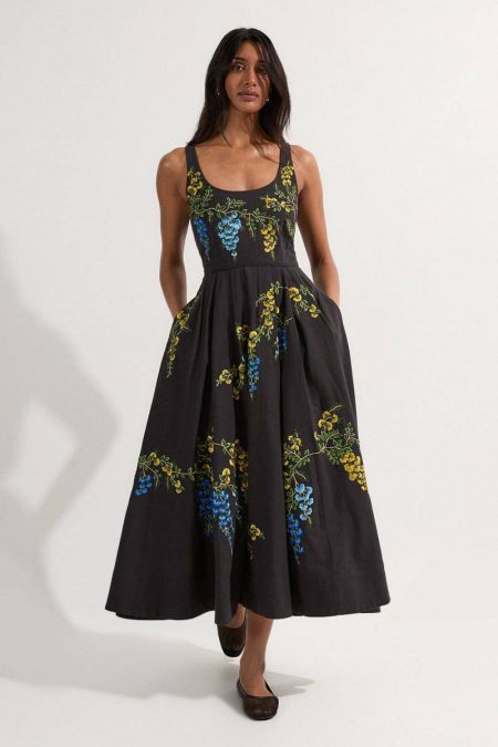 Maxi Dresses Women Karen Millen Petite Floral Embroidered Cotton Linen Woven Prom Dress Black